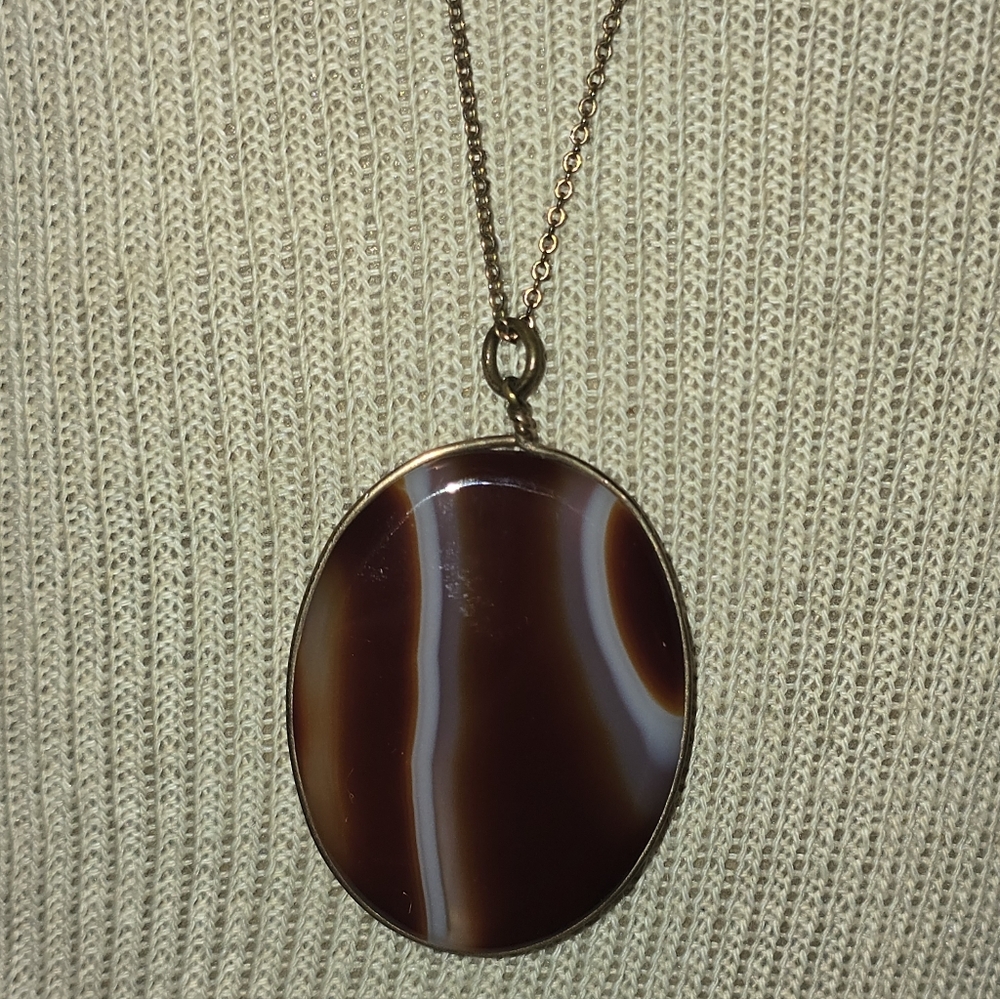 Vintage Brown Agate Pendant Goldtone Wire Wrapped W Chain - Picture 7 of 7